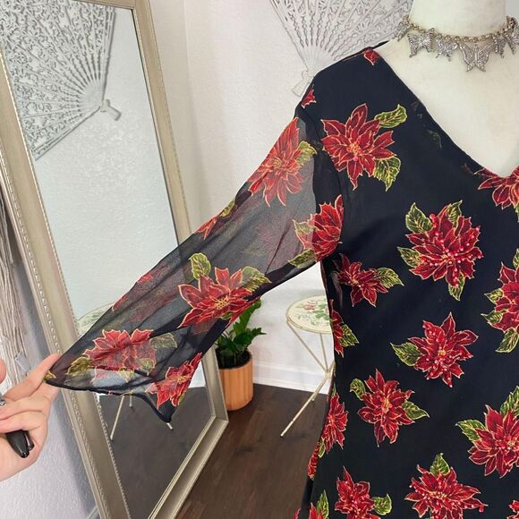 Witchy Whimsygoth Black Red Beaded Sheer Mesh 3/4 Sleeve Blouse XL Petite - Picture 4 of 8